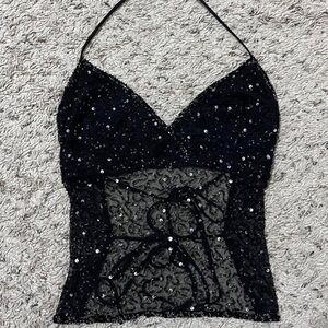Charlotte Russe black beaded sequin backless halter top XS/S